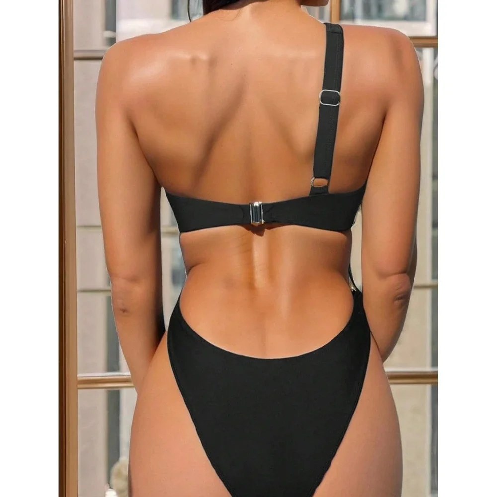Monokini Black Asymmetric Cut Out Swimsuit with‎ Gold Hardware Small